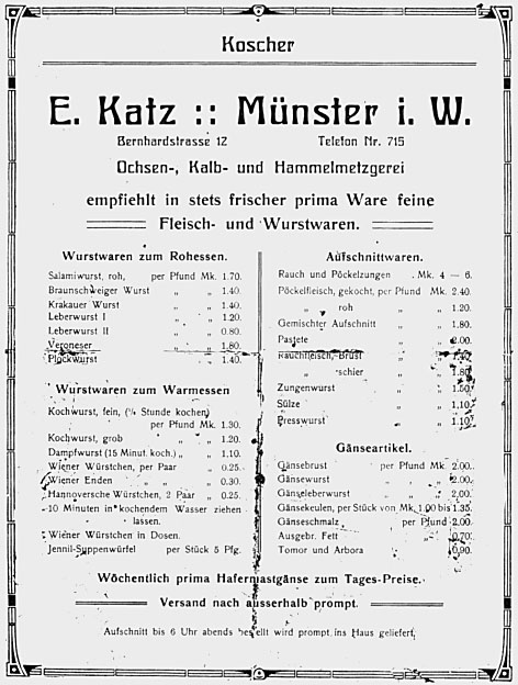 Werbeanzeige der koscheren Fleischerei Katz von 1910